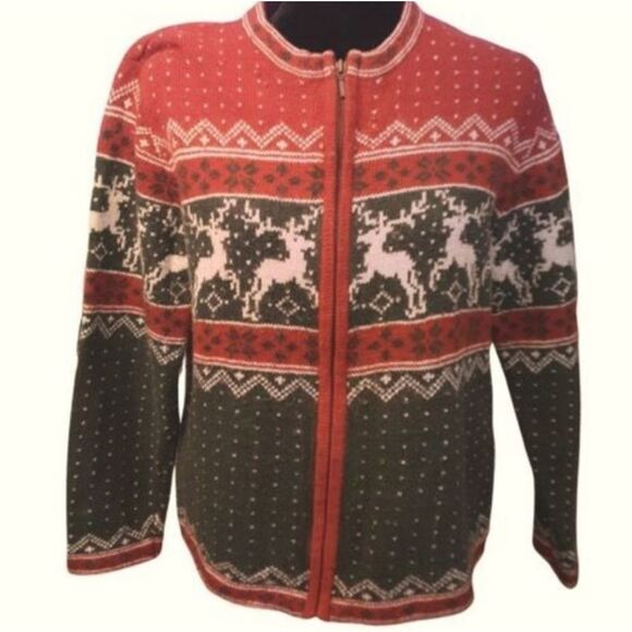 Vintage Croft & Barrow Sweater Nordic Christmas Zippered Roomy Red Green Sz M - Picture 10 of 11
